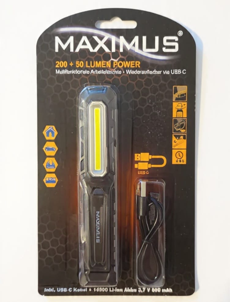 [1005] MAXIMUS LED Arbeitsleuchte 250 Lumen, USB-C Wiederaufladbar, COB Werkstattlampe mit Magnet & Haken, 14500 Akku, Inspektionsleuchte für Auto KFZ Camping Notfall
