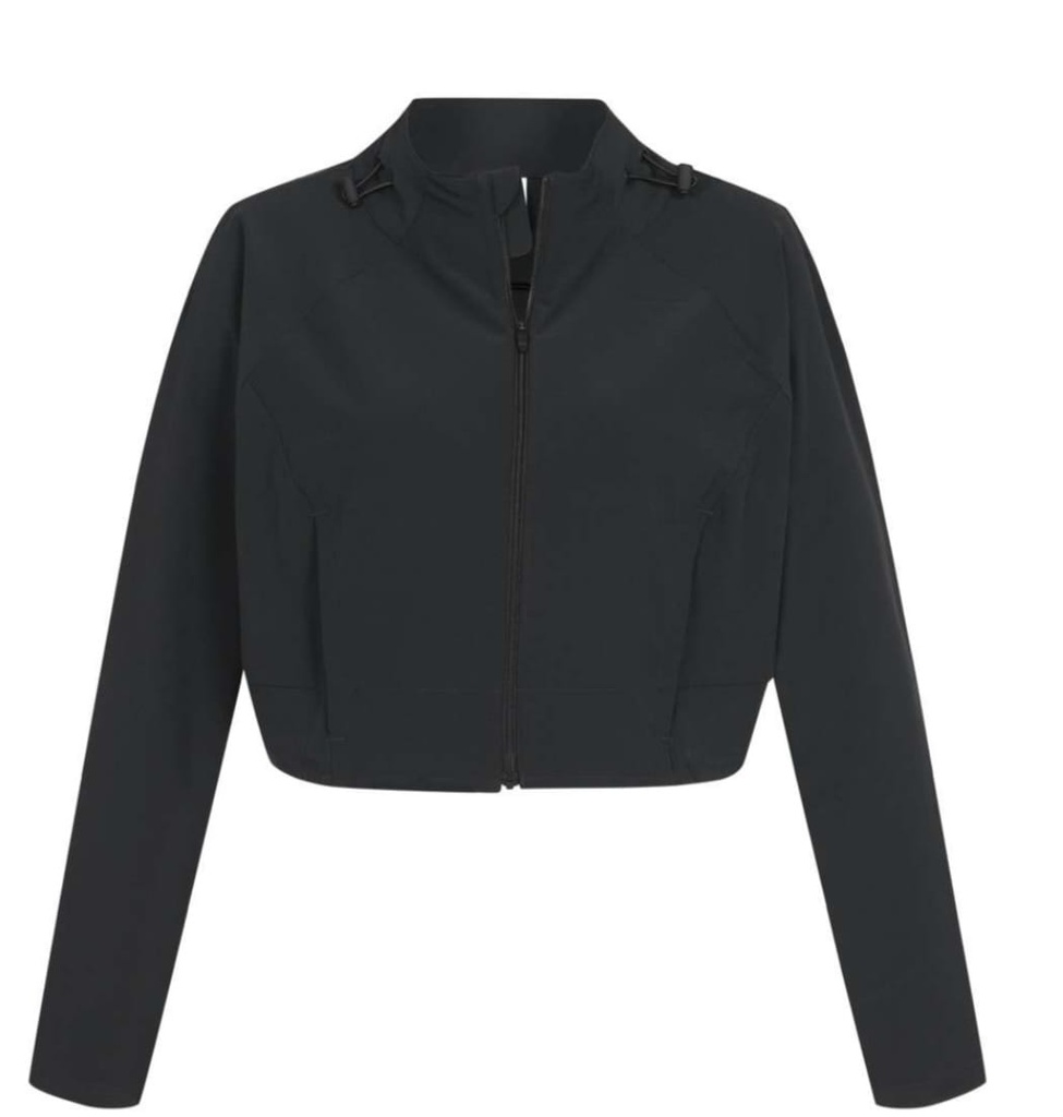 [1056] Gymshark KK Fit Damen Trainingsjacke Cropped, Sportjacke Schwarz mit Stehkragen, Kurz geschnittene Fitness Jacke mit Kordelzug (S)