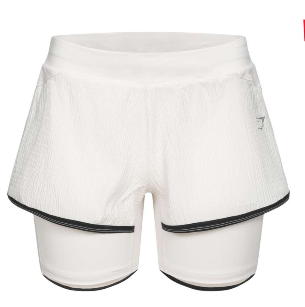 [1059] Gymshark 2-in-1 Laufshorts Damen Weiß, Sportshorts mit Innenshorts, Training Shorts mit Tasche, Laufhose Kurz Slim Fit