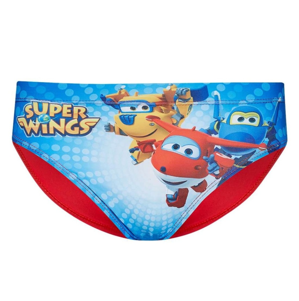 [1049] Sun City Jungen Badehose Super Wings Blau Rot, Offiziell lizenzierte Kinder Badeslip mit Print, Schnelltrocknende Schwimmhose für Freibad & Urlaub