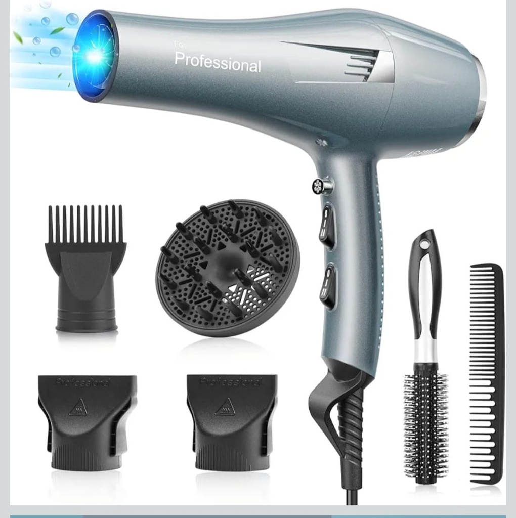 BANNILU-Profi Ionen Föhn Haartrockner 2200W, Hair Dryer mit Diffusor + 2 Stylingdüsen + Rundbürste + Kamm, 3 Heizstufen 2 Geschwindigkeiten, 2,5m Kabel, Leiser Haarfön für Familie & Salon Blau